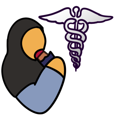 a simple depiction of a hijabi person eating a nutrient bar. across from them is a silver caduceus (medical symbol).